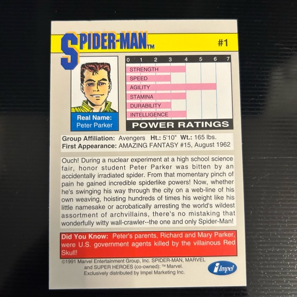 🕷️🕸️Spider-Man. 1991 Marvel Card #1 - Picture 2 of 2